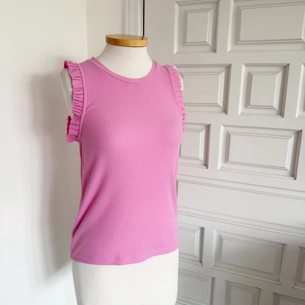 J. Crew Pink Top Ribbed Ruffle Sleeveless Cotton Blend Size Small